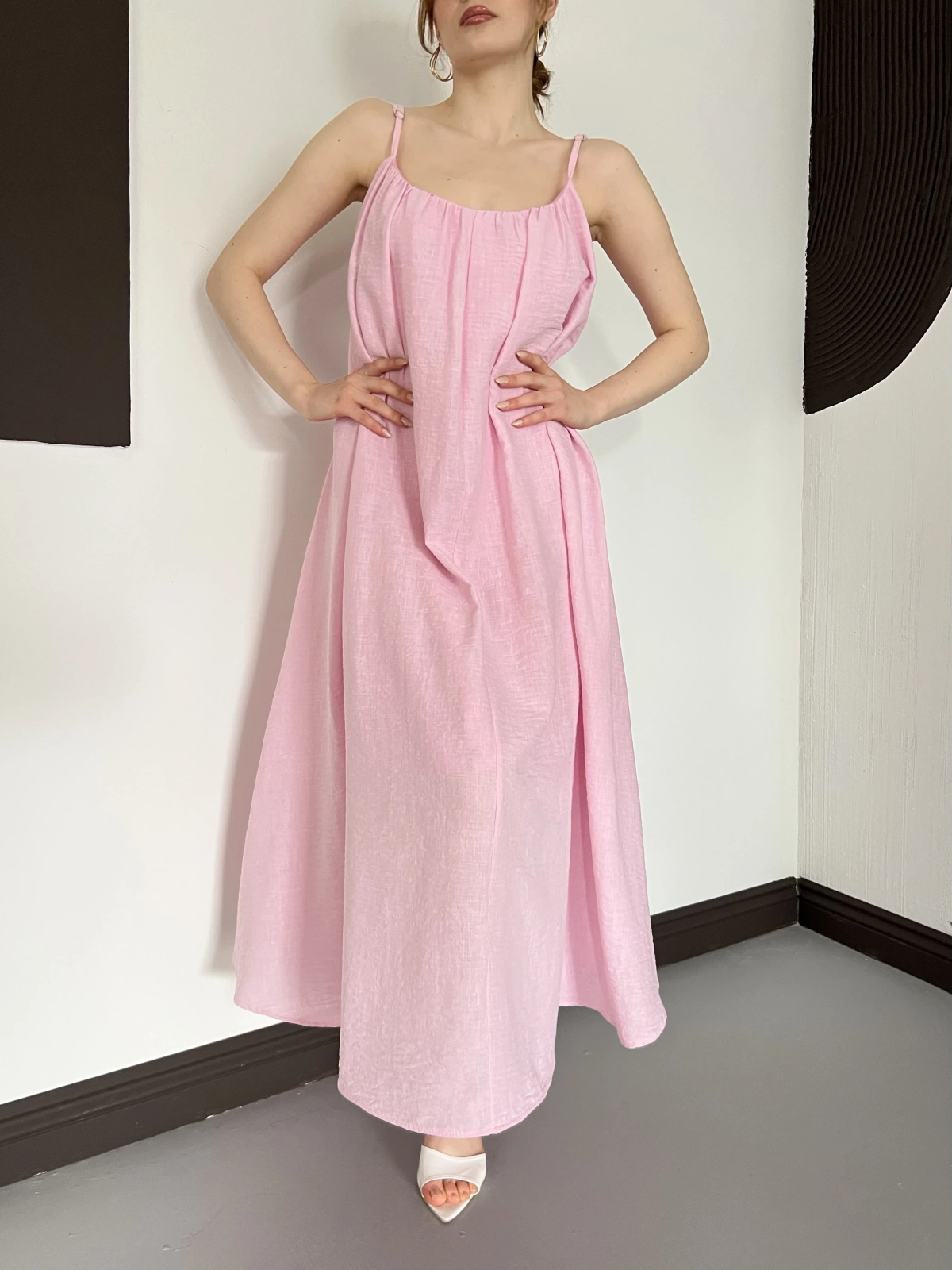İp Askılı Astarlı Muslin Elbise Pembe