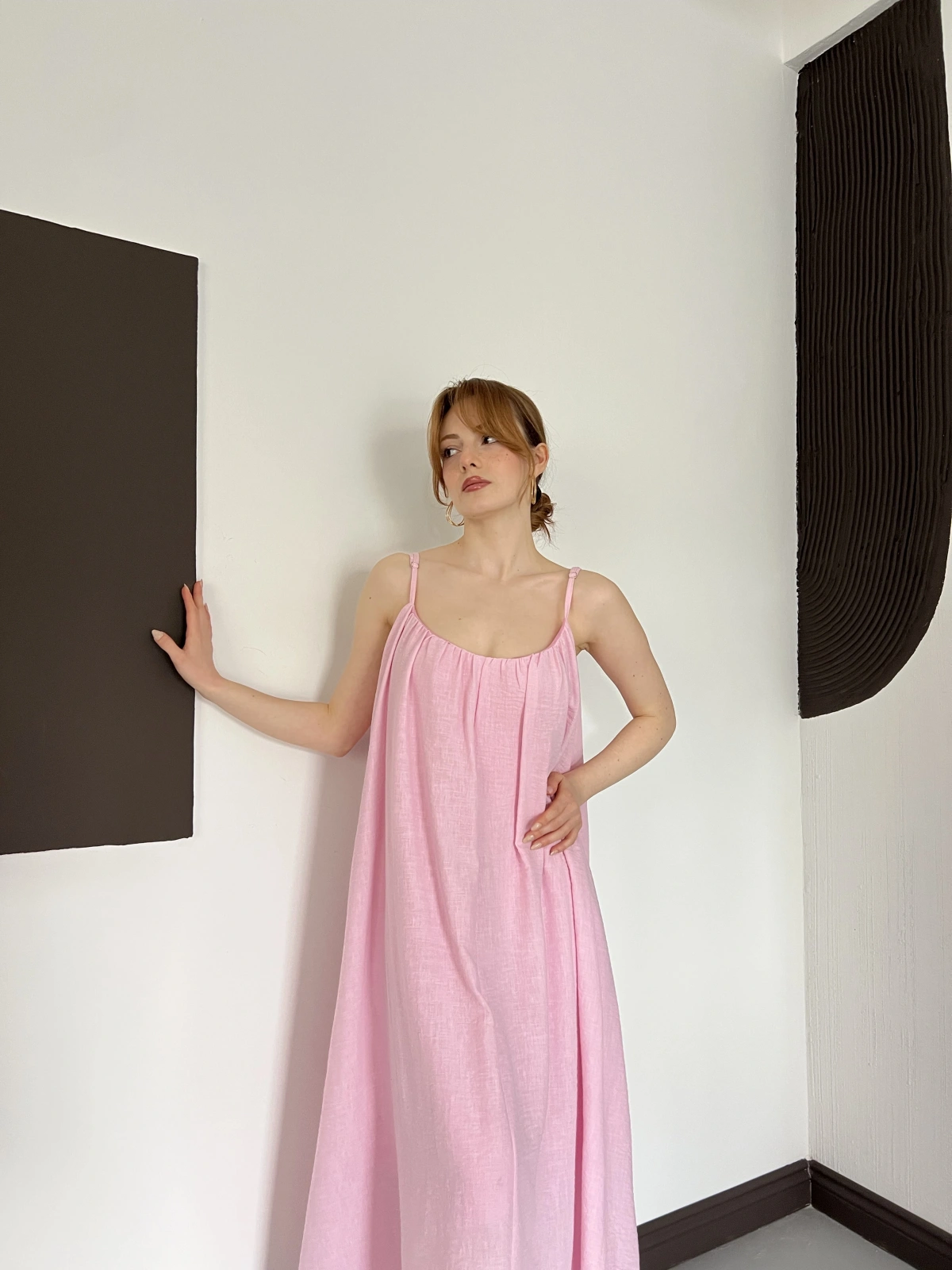 İp Askılı Astarlı Muslin Elbise Pembe