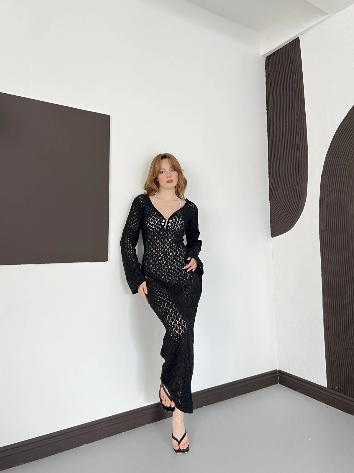 Pencere Detaylı Ajurlu Triko Elbise Siyah
