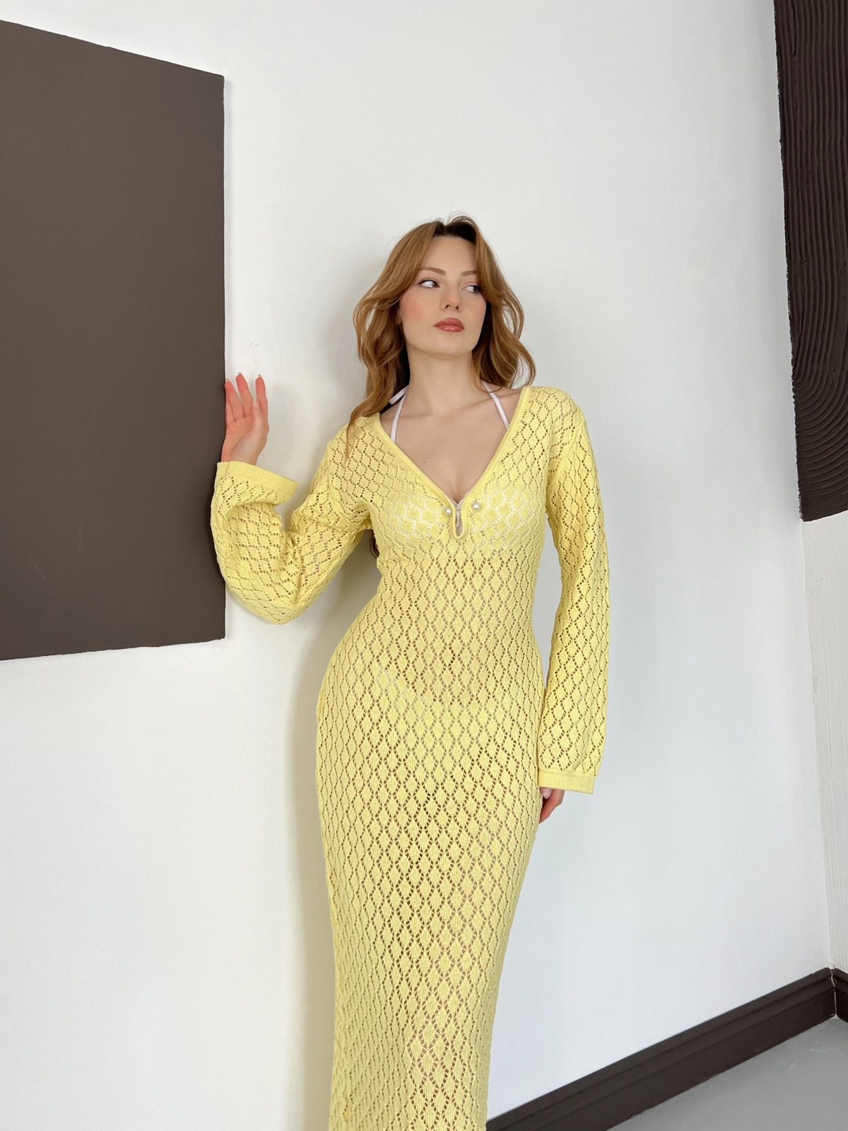 Pencere Detaylı Ajurlu Triko Elbise Sarı