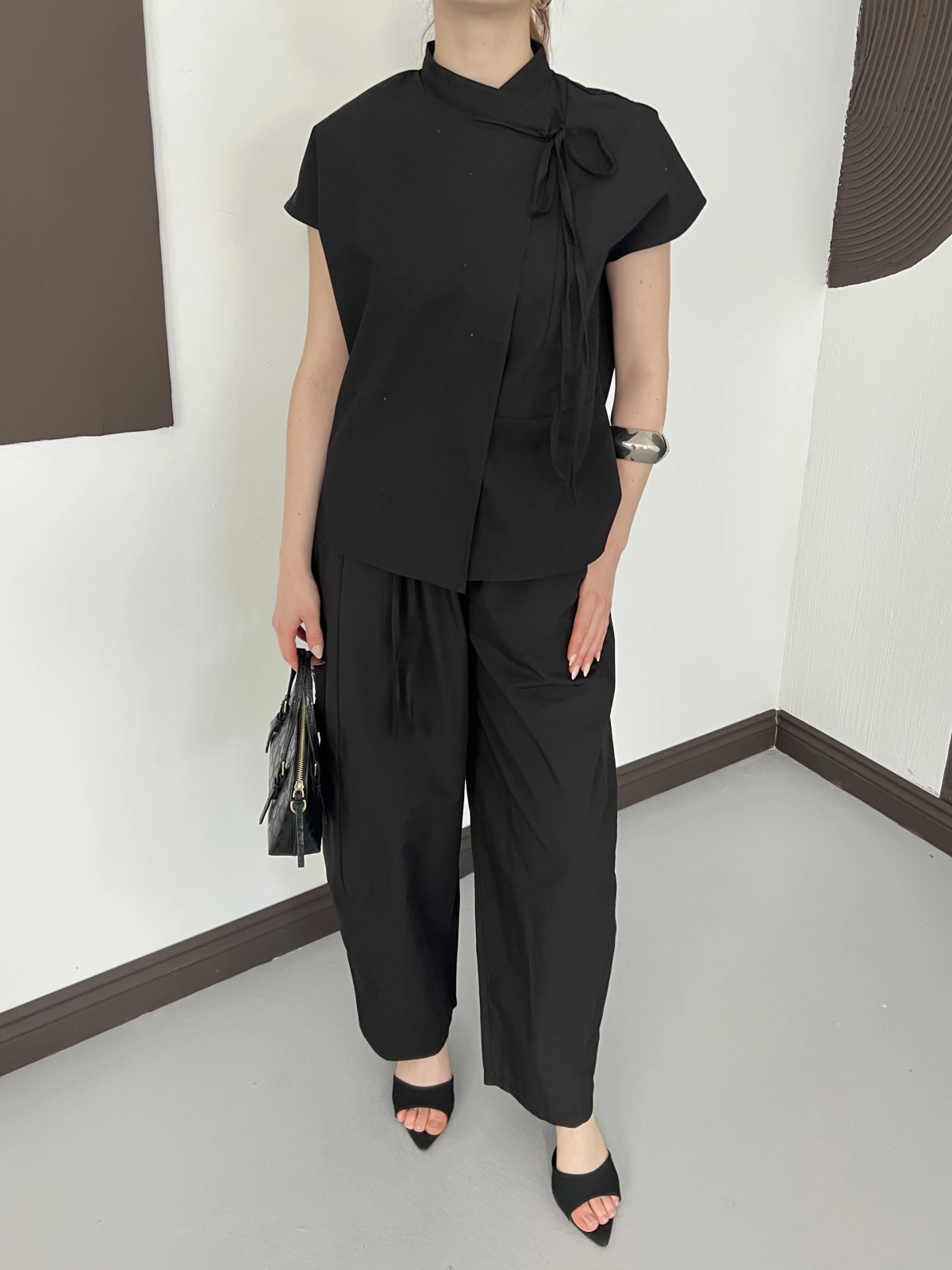 Poplin Bağlama Detaylı Bluz-PAntolon Takım Siyah