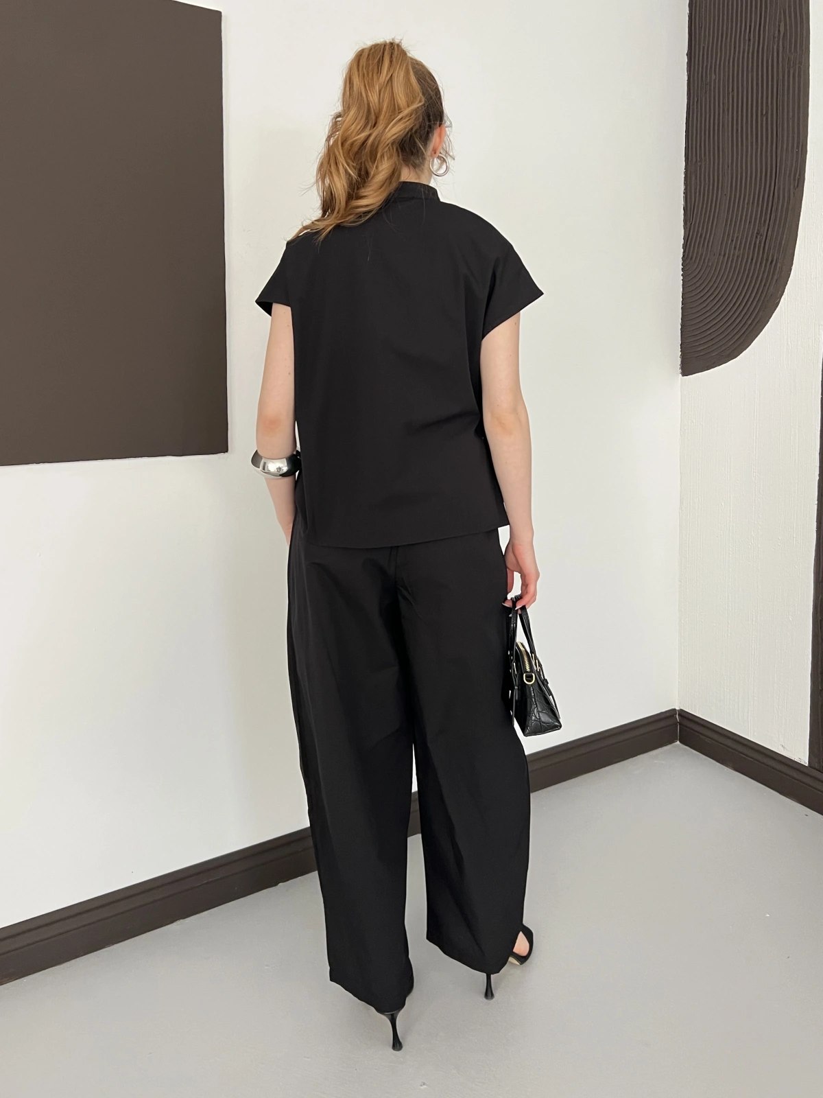 Poplin Bağlama Detaylı Bluz-PAntolon Takım Siyah