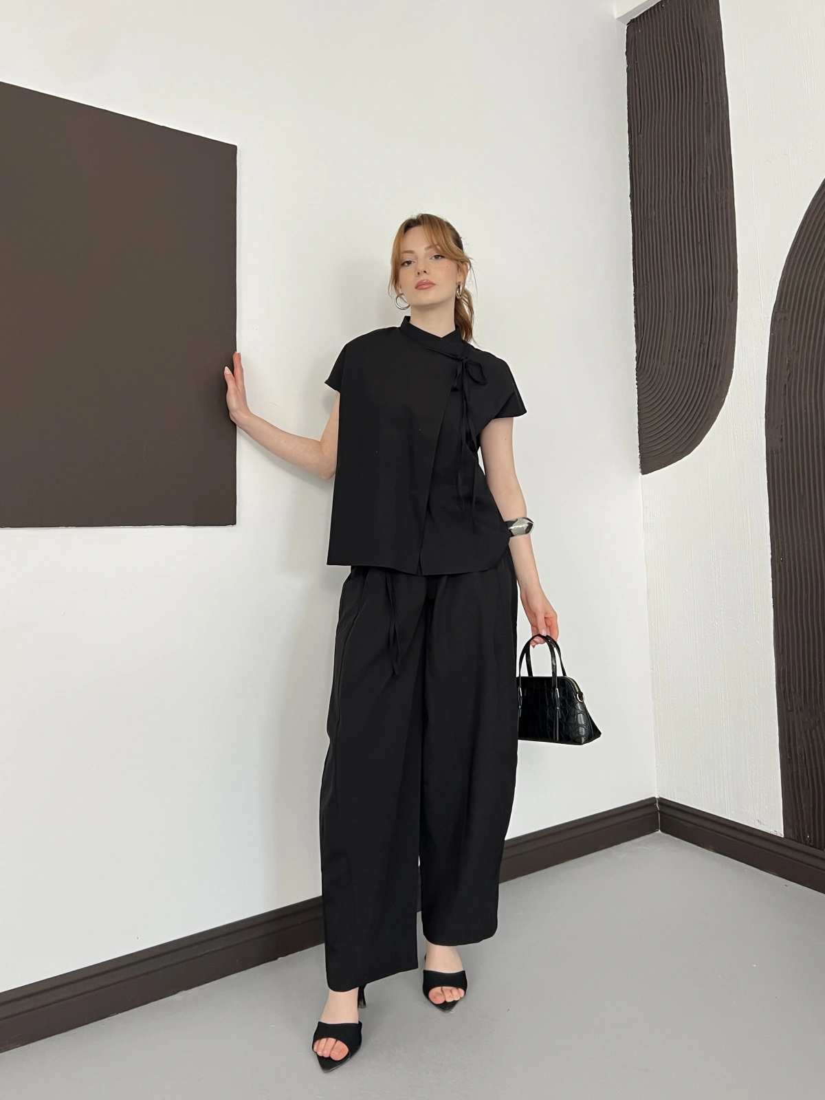 Poplin Bağlama Detaylı Bluz-PAntolon Takım Siyah
