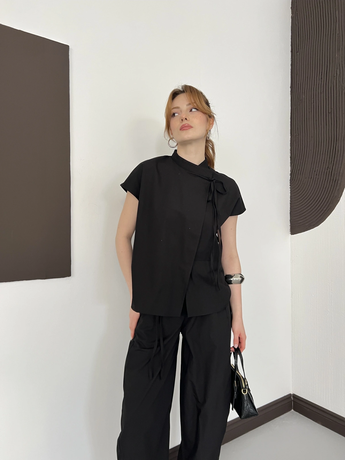 Poplin Bağlama Detaylı Bluz-PAntolon Takım Siyah