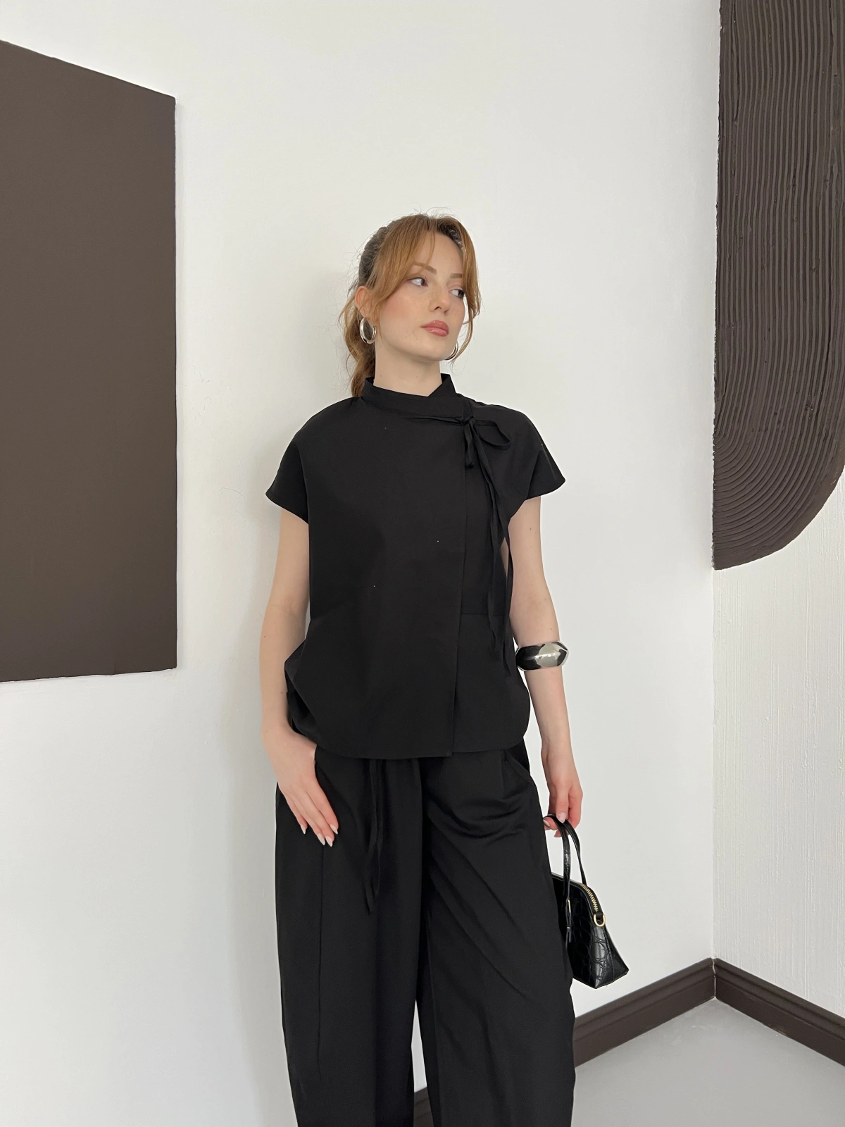 Poplin Bağlama Detaylı Bluz-PAntolon Takım Siyah