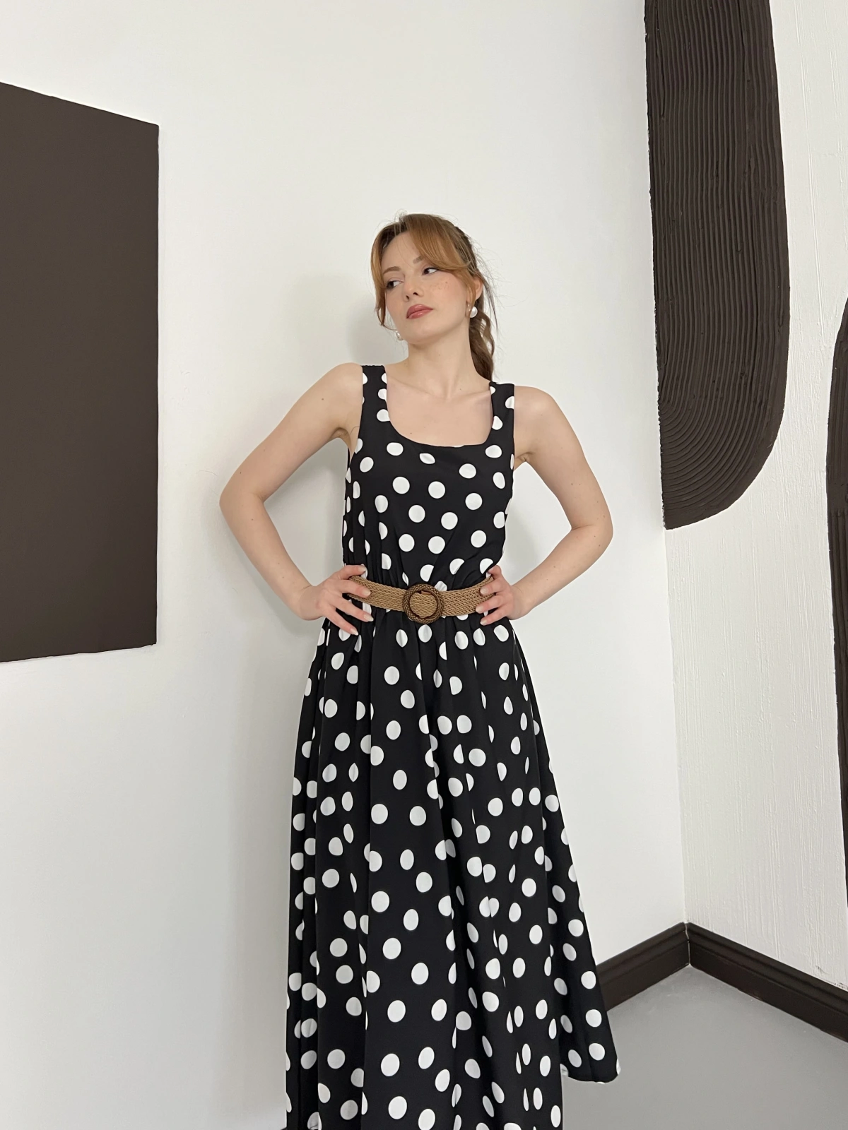 Puantiyeli Kalın Askılı Hasır Kemer Detay Elbise Siyah