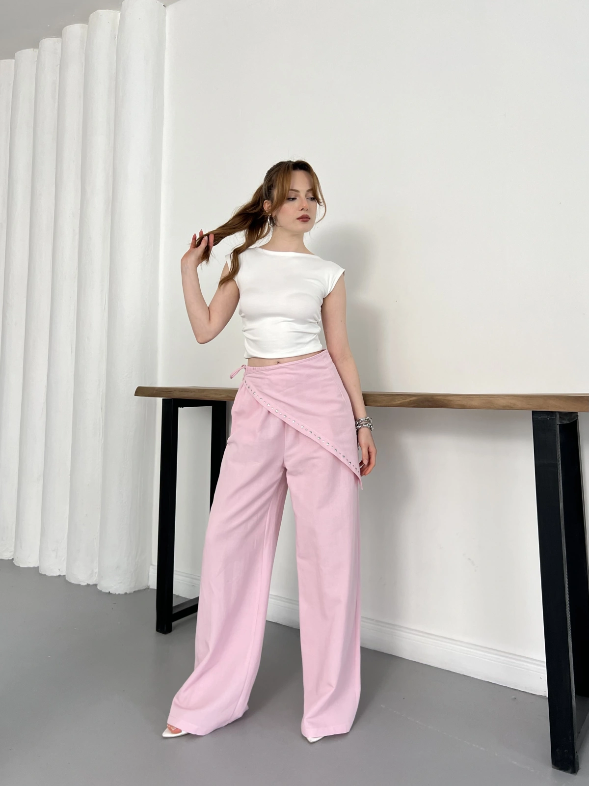 Fular Zımba Detaylı Keten Pantolon Pembe