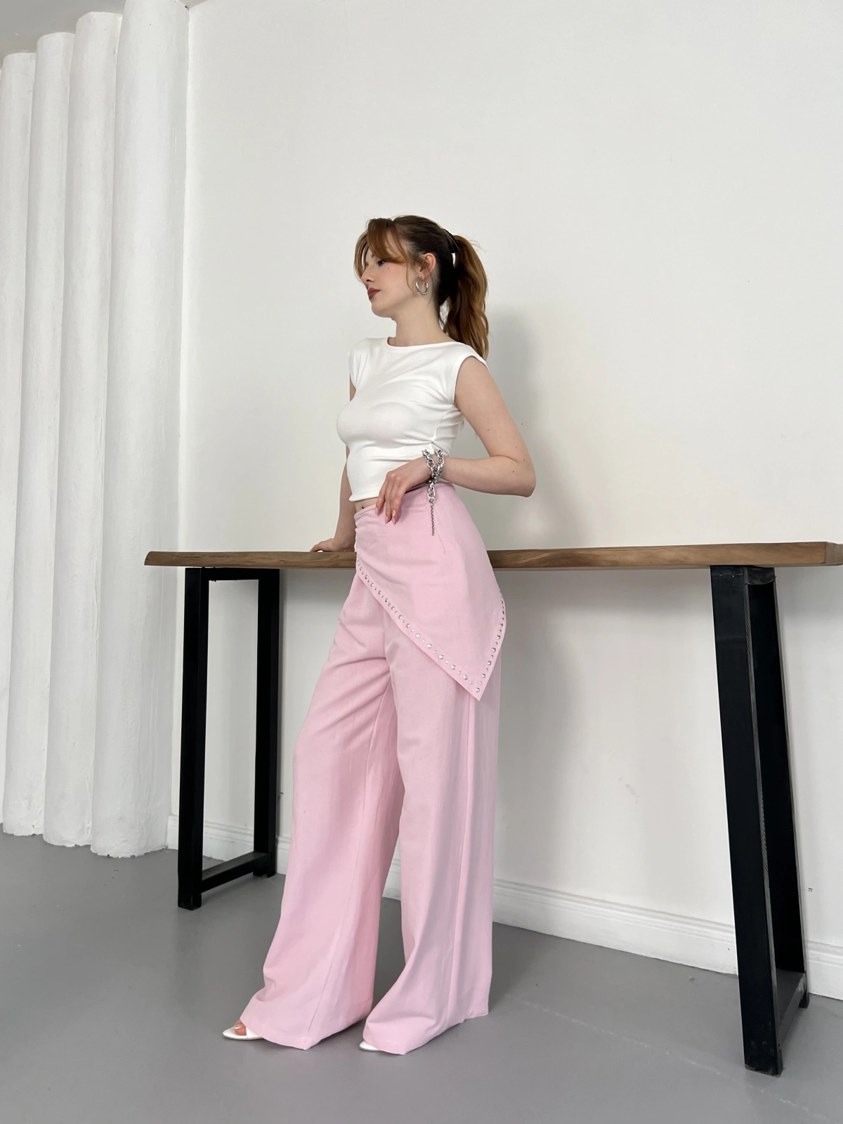 Fular Zımba Detaylı Keten Pantolon Pembe