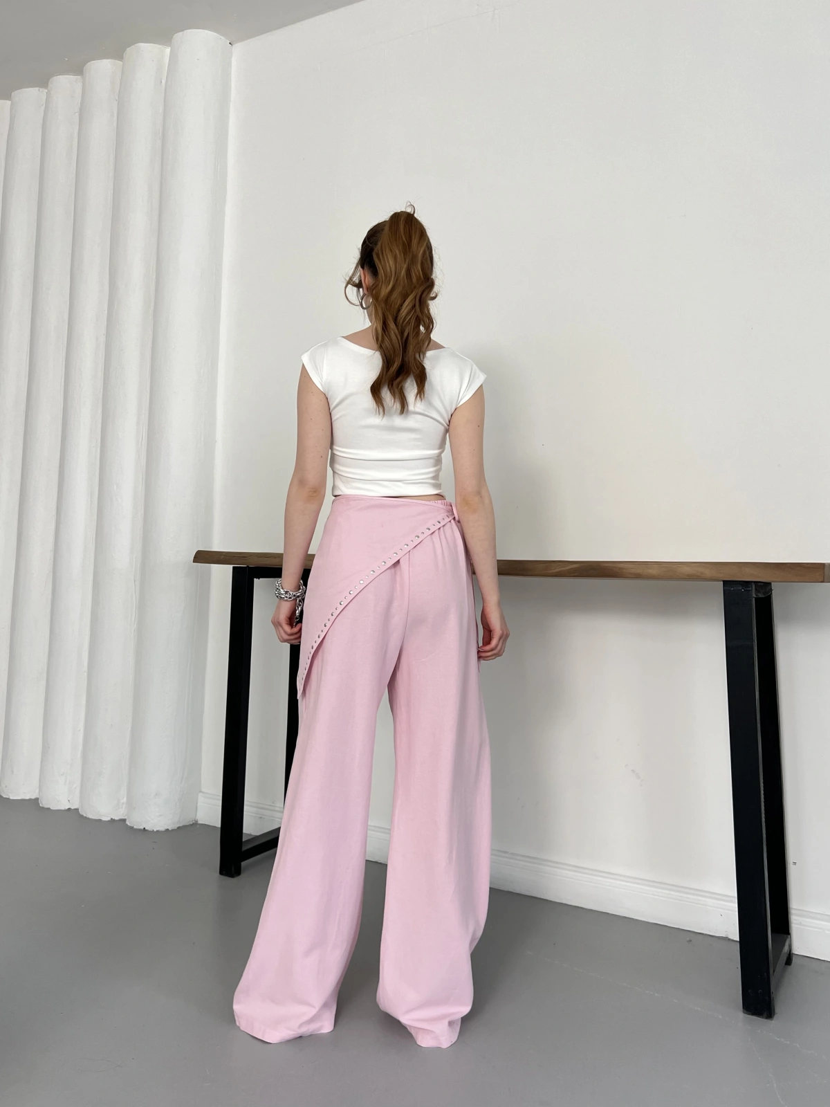 Fular Zımba Detaylı Keten Pantolon Pembe