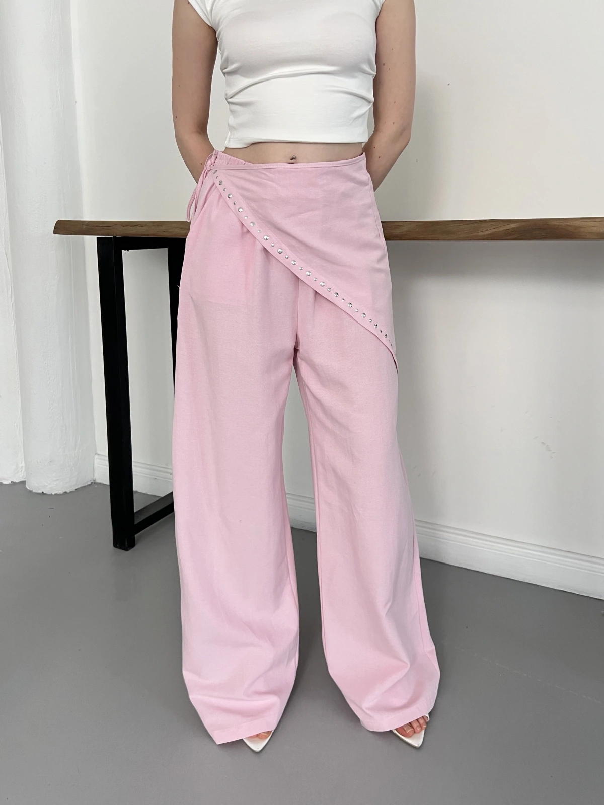Fular Zımba Detaylı Keten Pantolon Pembe