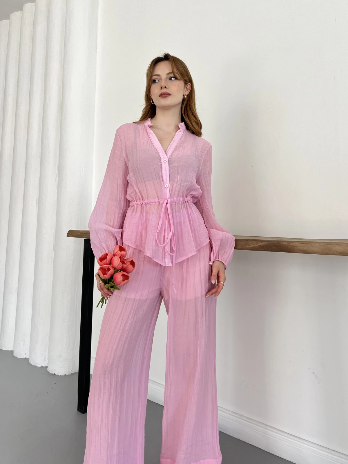 İspanyol Paça Transparan Gömlek-Pantolon Takım Pembe
