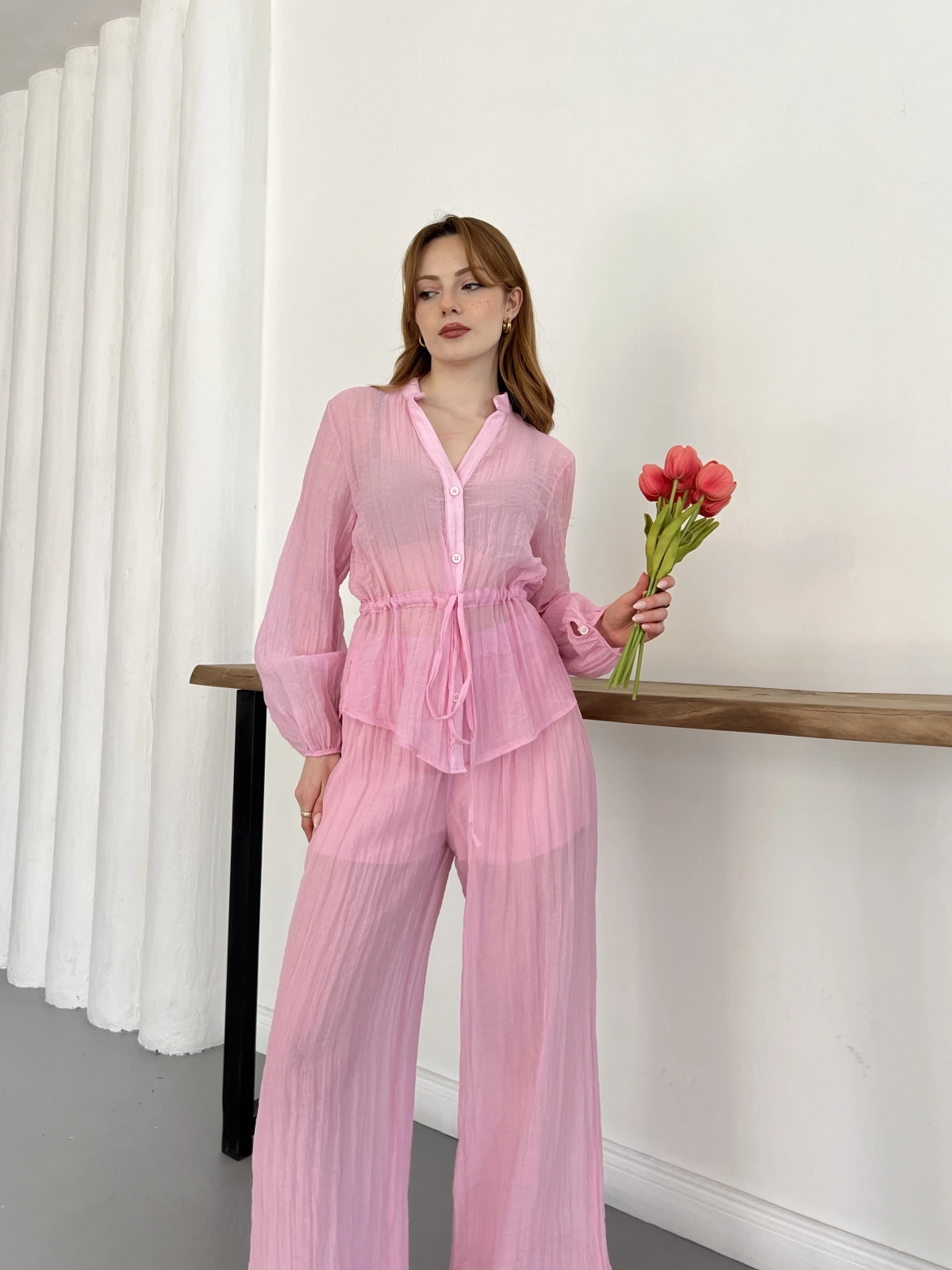 İspanyol Paça Transparan Gömlek-Pantolon Takım Pembe
