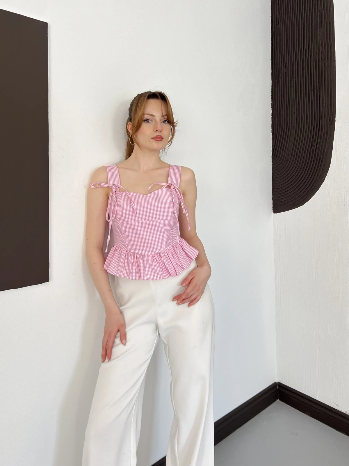 Pötikareli Askılı Bluz Pembe