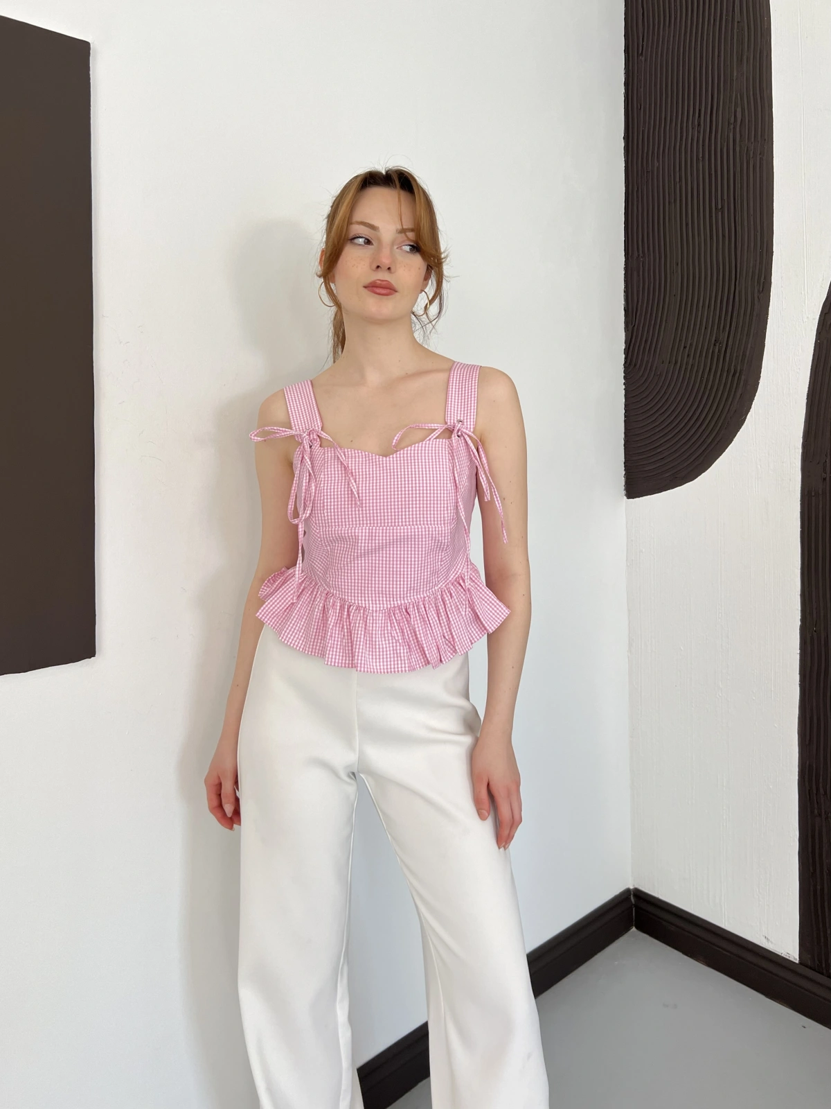 Pötikareli Askılı Bluz Pembe