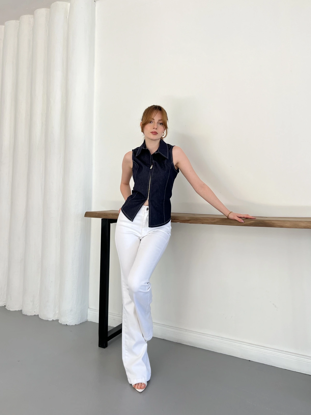 Fermuar Detaylı Denim Bluz Lacivert