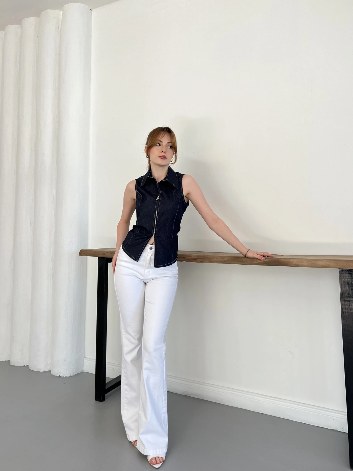 Fermuar Detaylı Denim Bluz Lacivert