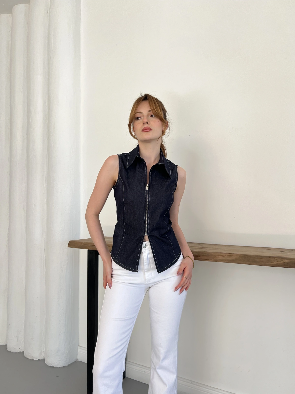 Fermuar Detaylı Denim Bluz Lacivert
