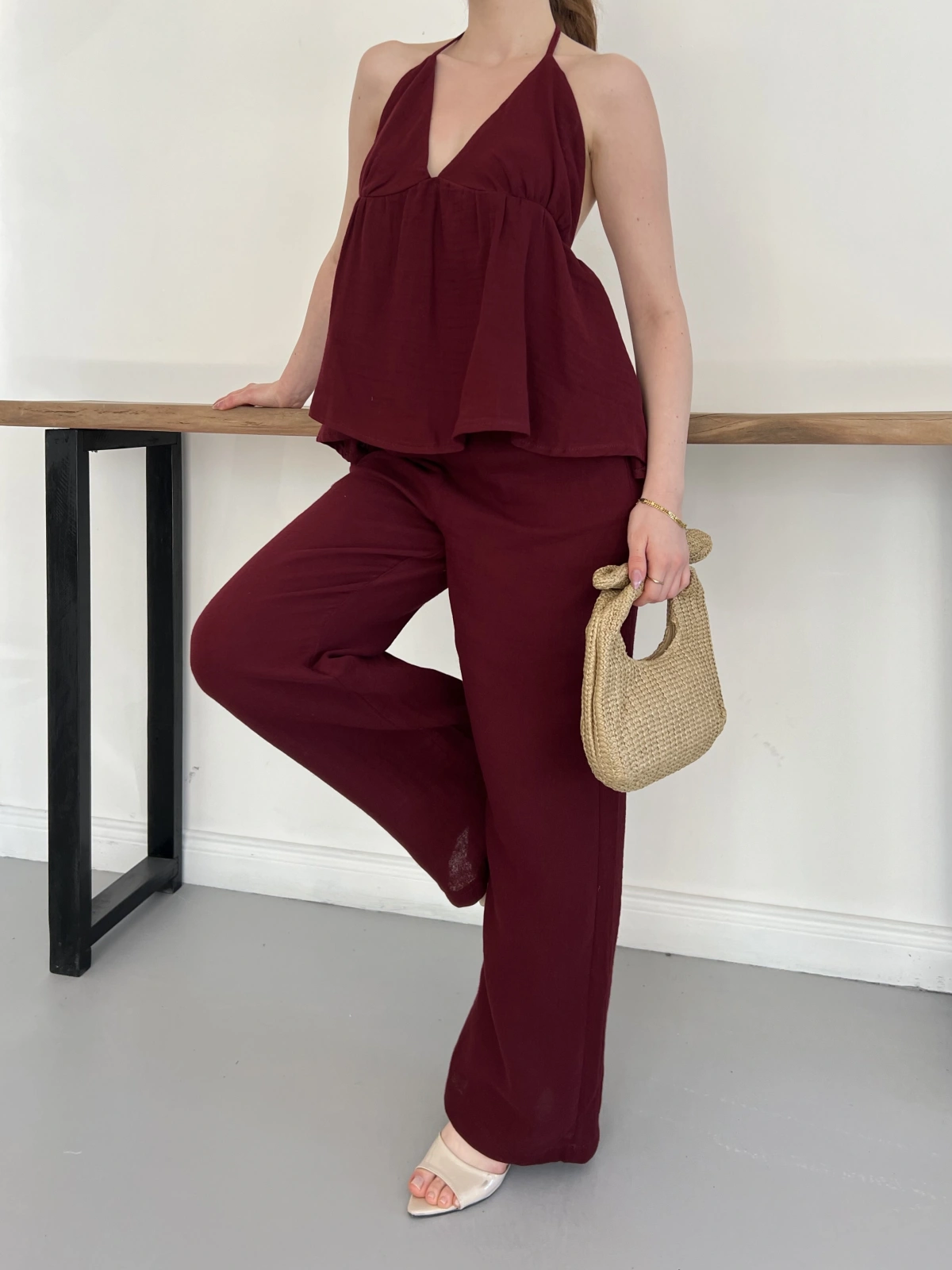 Boyundan Bağlamalı Bürümcük Bluz-Pantolon Takım Bordo