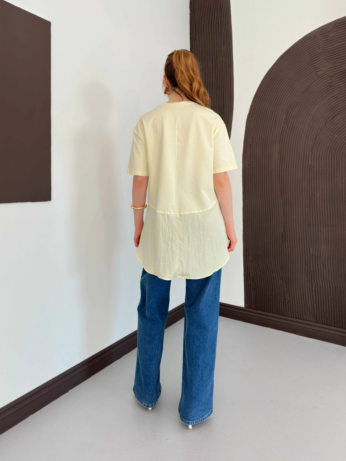 Modal Kumaş Garnili Asimetrik Oversize Tişört Sarı
