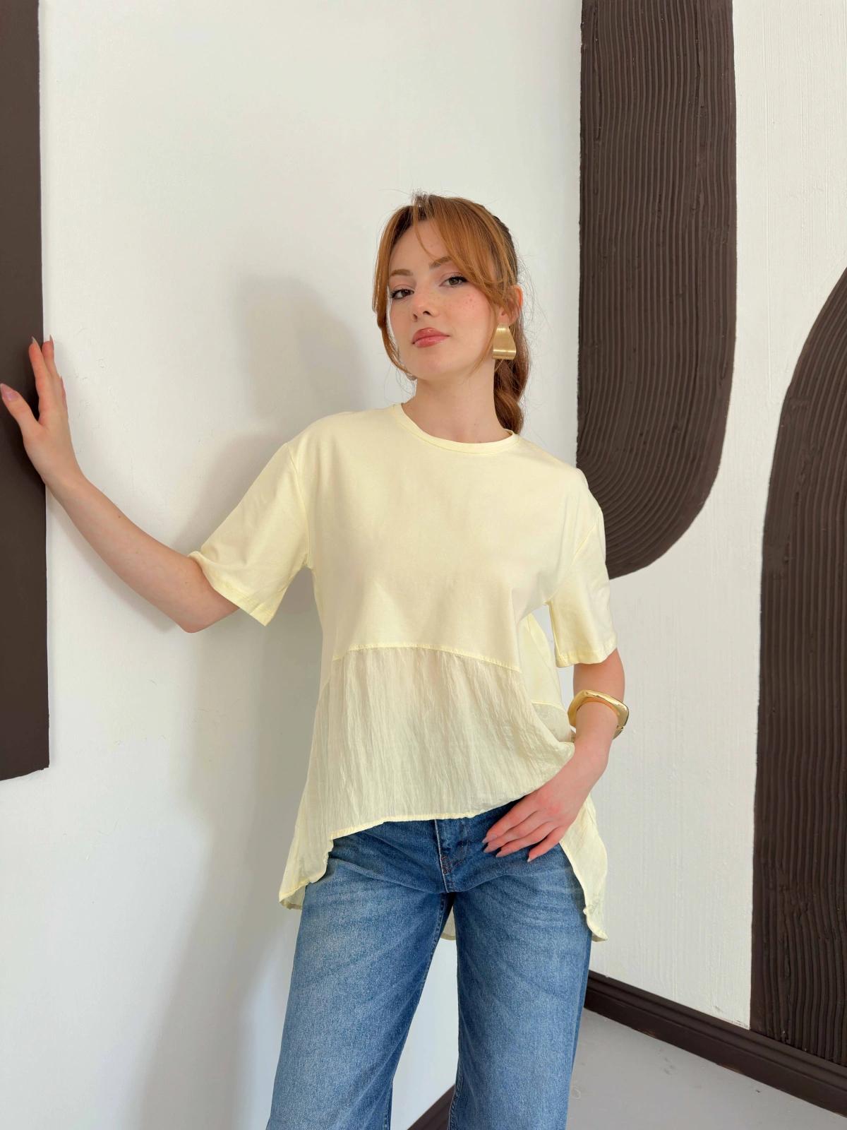 Modal Kumaş Garnili Asimetrik Oversize Tişört Sarı