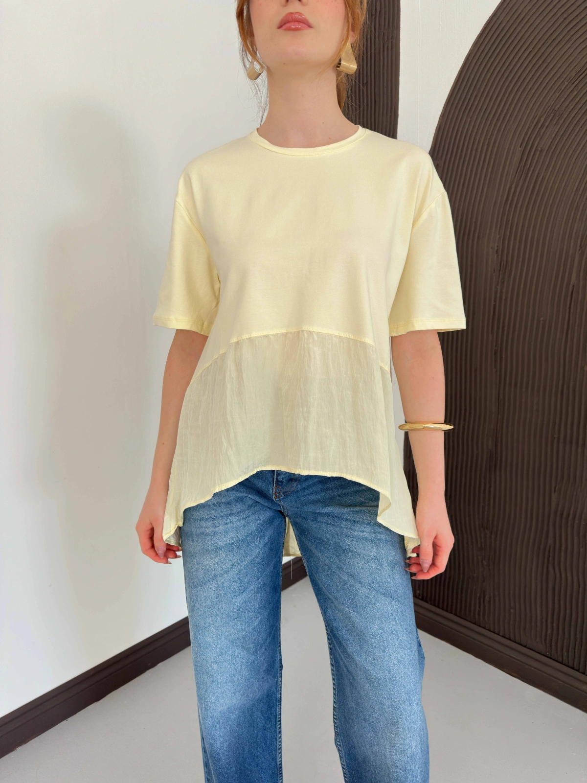 Modal Kumaş Garnili Asimetrik Oversize Tişört Sarı
