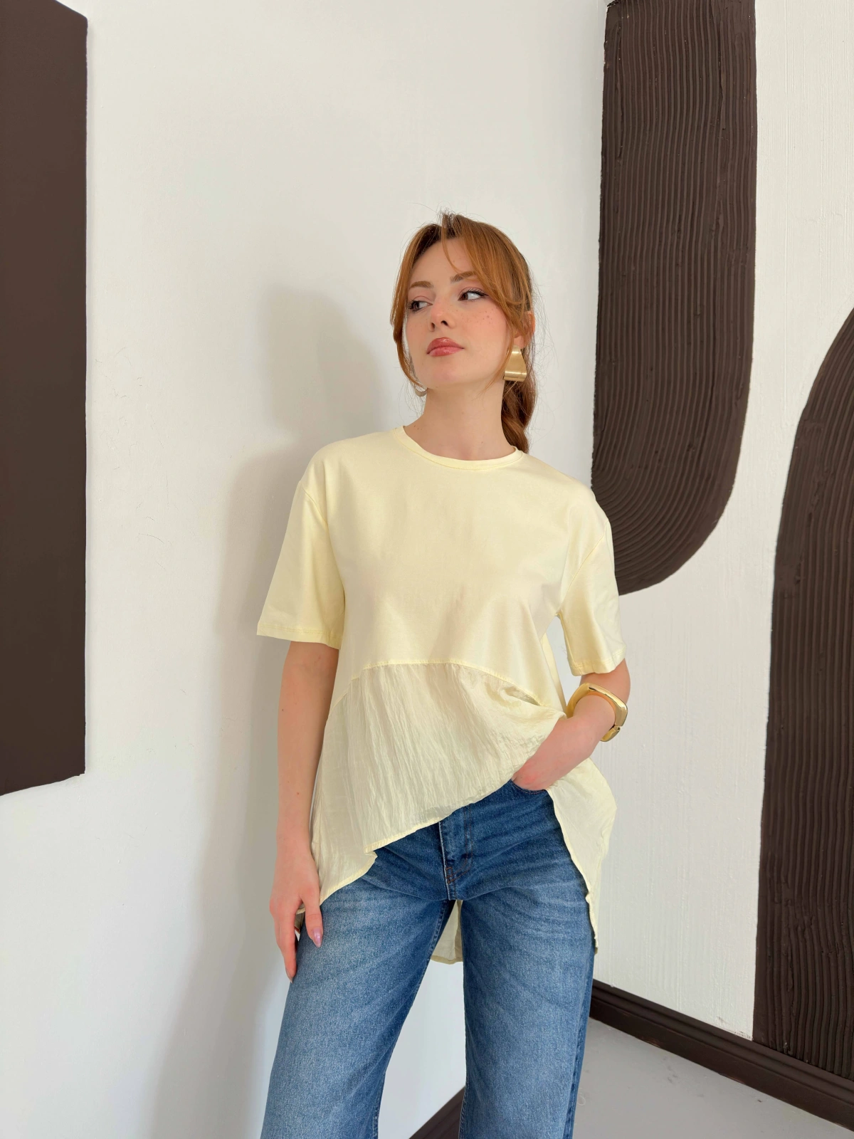Modal Kumaş Garnili Asimetrik Oversize Tişört Sarı