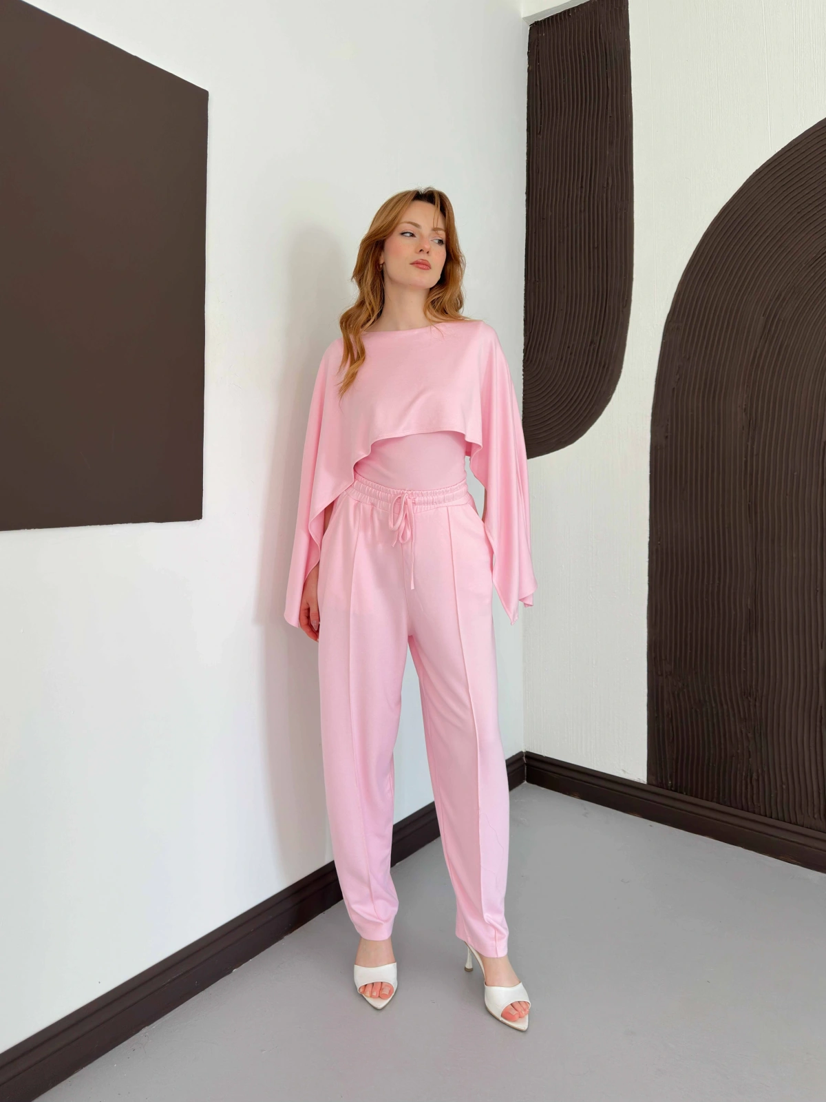 Pelerin Detaylı Bluz Bel Lastikli Pantolon Takım Pembe
