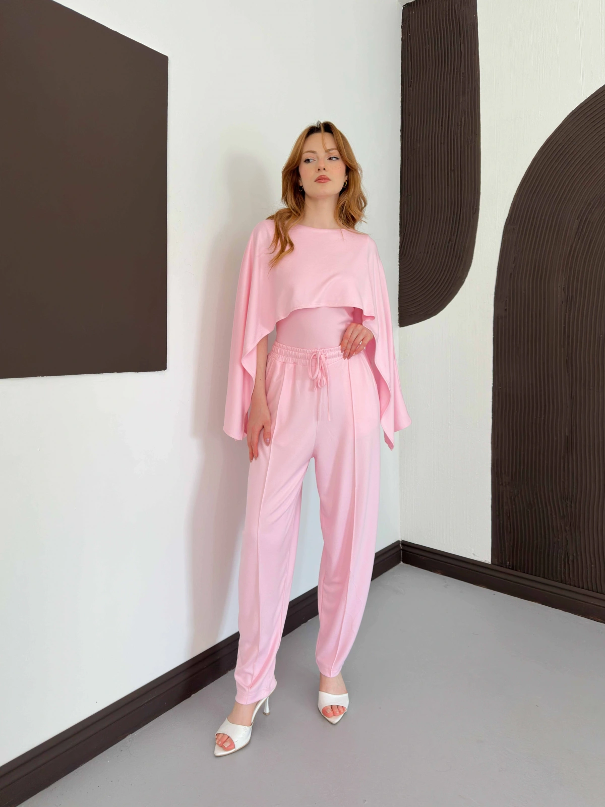 Pelerin Detaylı Bluz Bel Lastikli Pantolon Takım Pembe