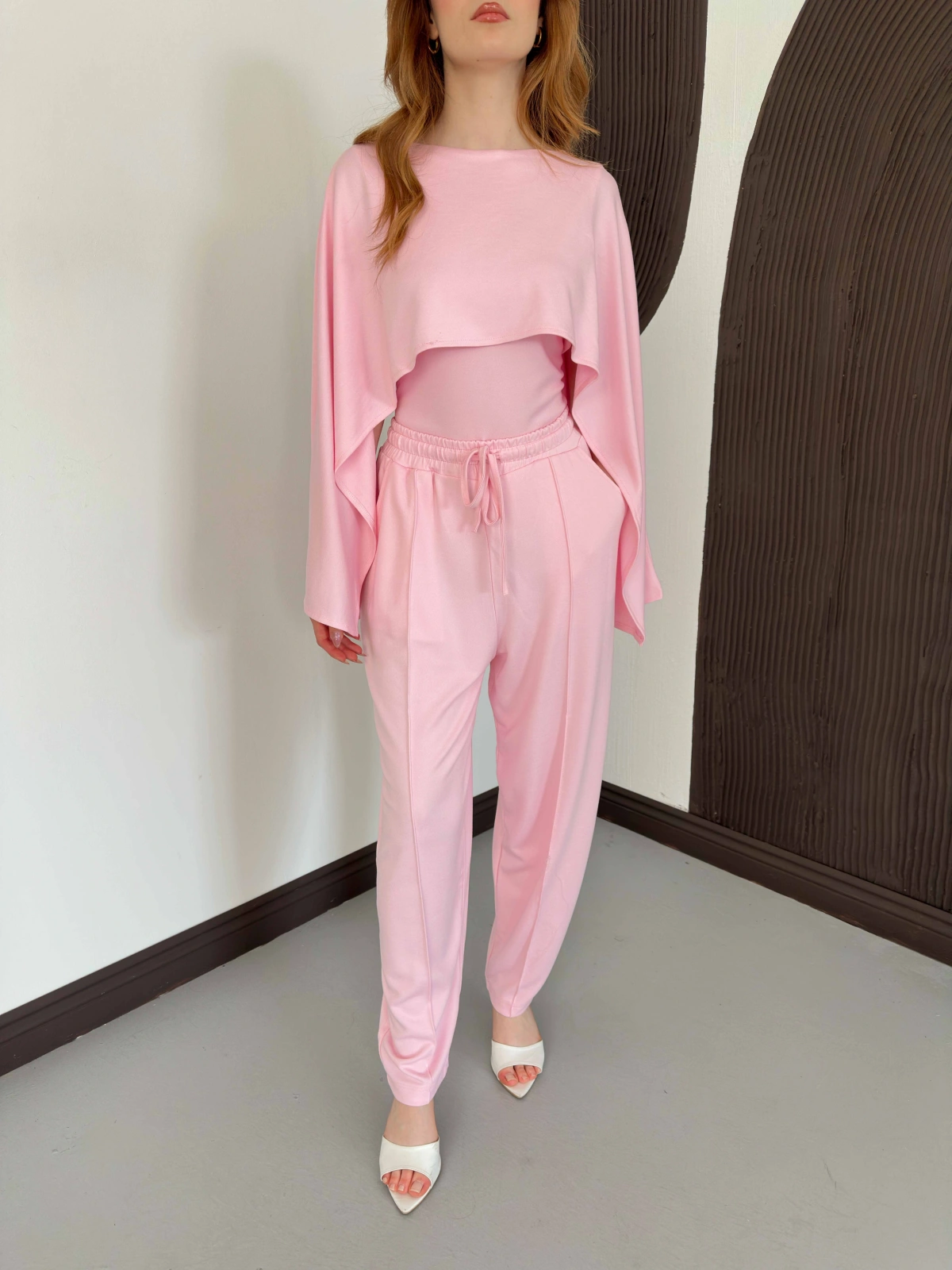 Pelerin Detaylı Bluz Bel Lastikli Pantolon Takım Pembe