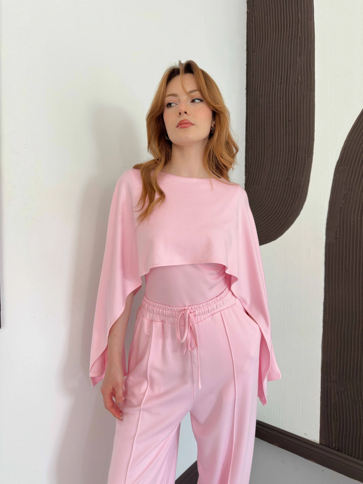 Pelerin Detaylı Bluz Bel Lastikli Pantolon Takım Pembe