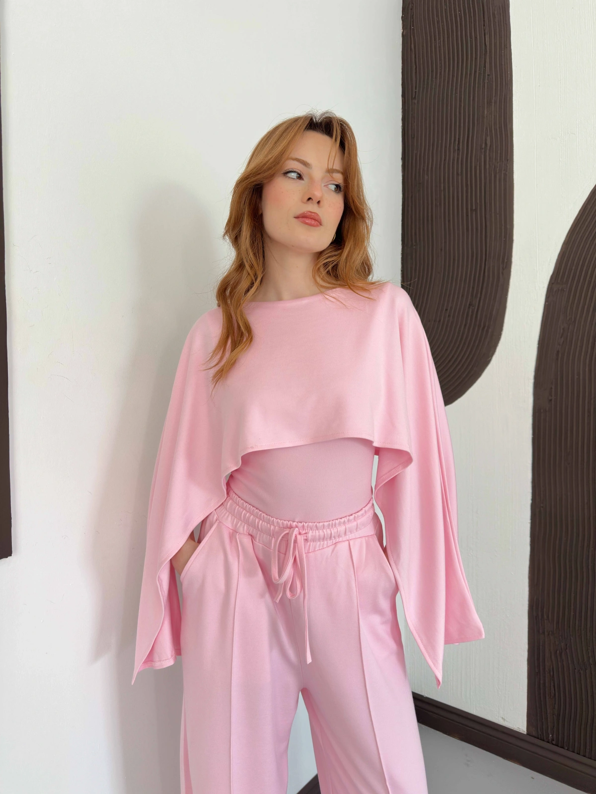 Pelerin Detaylı Bluz Bel Lastikli Pantolon Takım Pembe