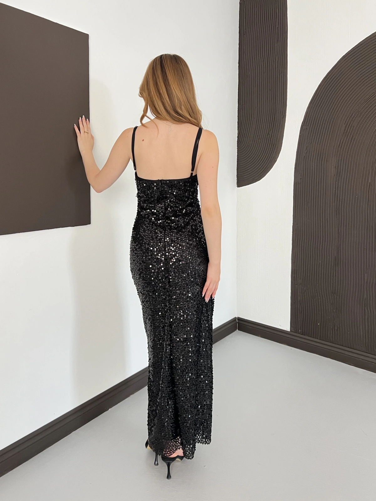 Askılı Astarlı Maxi Premium Payetli Elbise Siyah