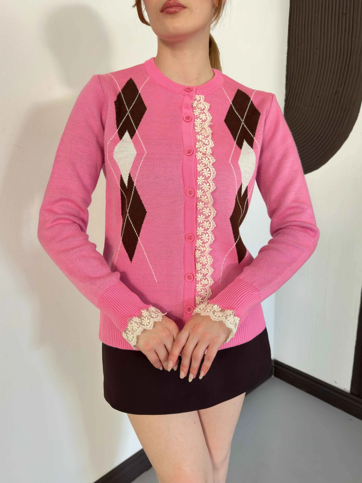 Baklava Desen Dantel Detay Triko Hırka Pembe