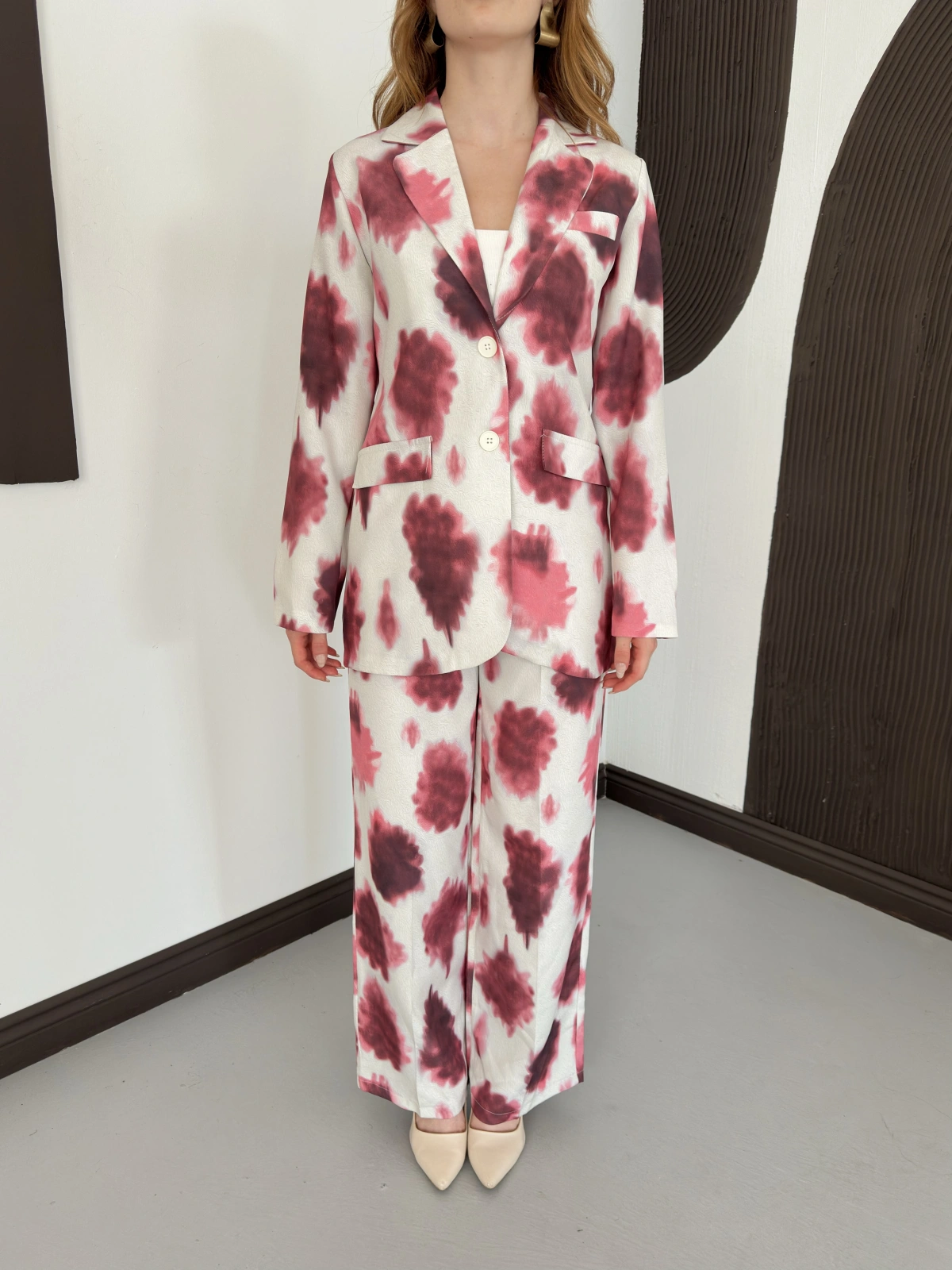 Batik Desen Ceket-Pantolon Takım Bordo