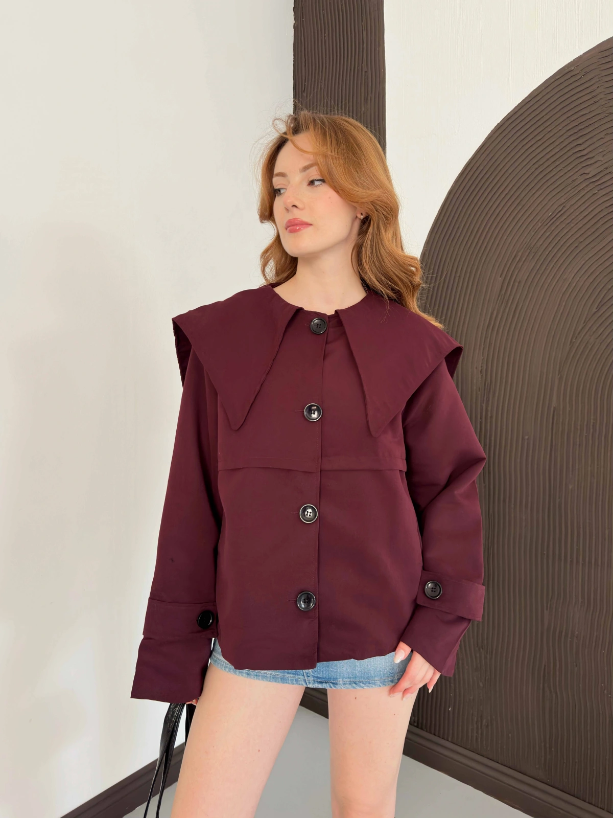 Bebe Yaka Crop Trenç Bordo