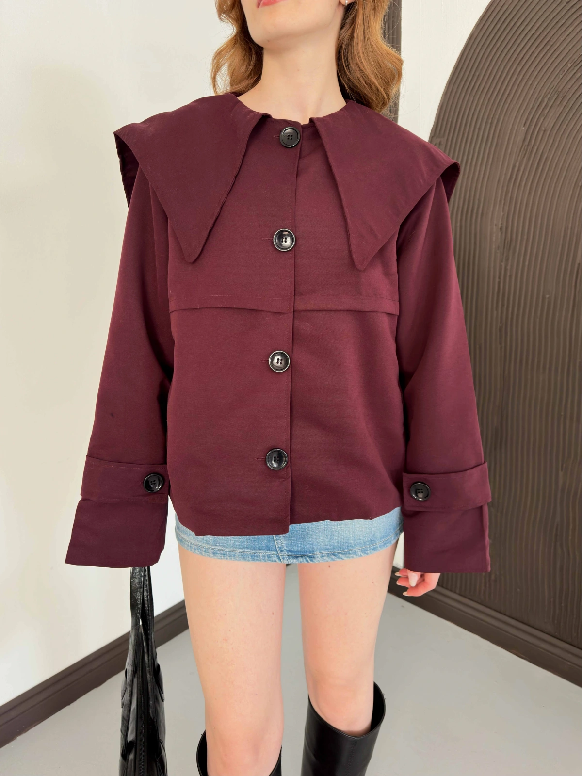 Bebe Yaka Crop Trenç Bordo