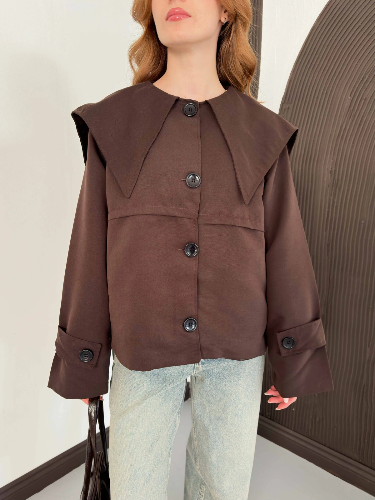 Bebe Yaka Crop Trenç Kahve