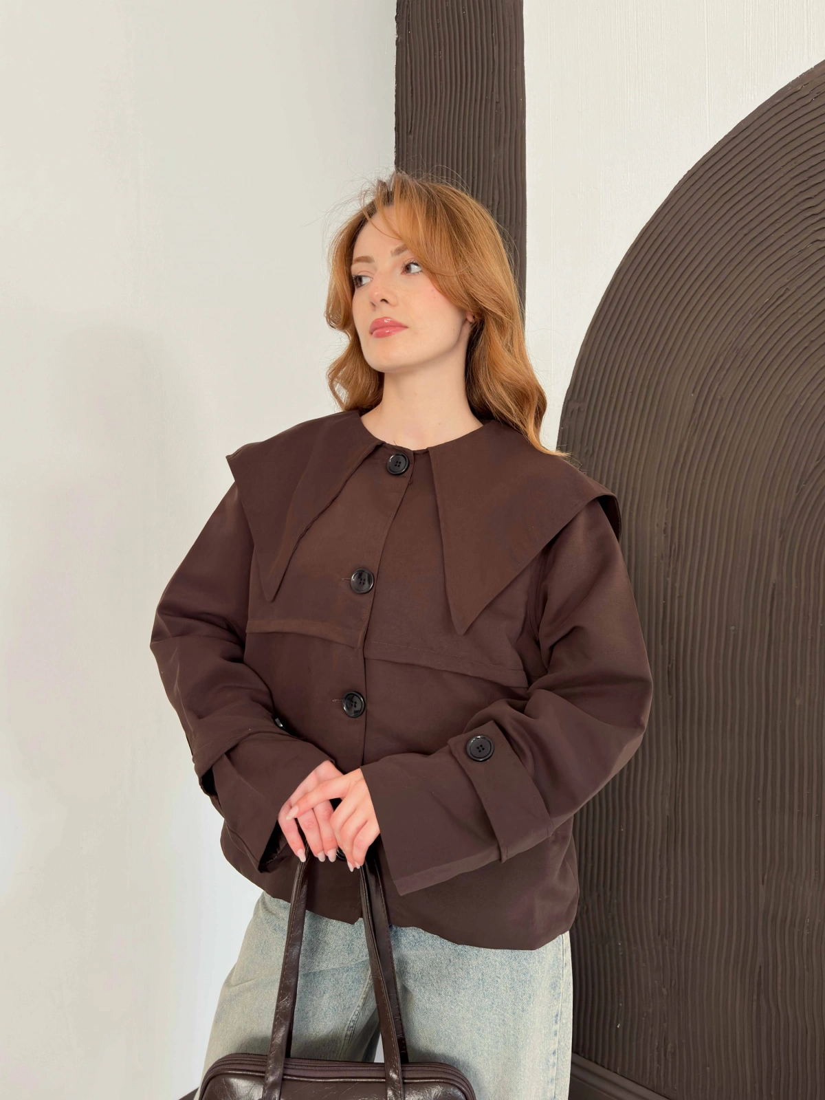 Bebe Yaka Crop Trenç Kahve