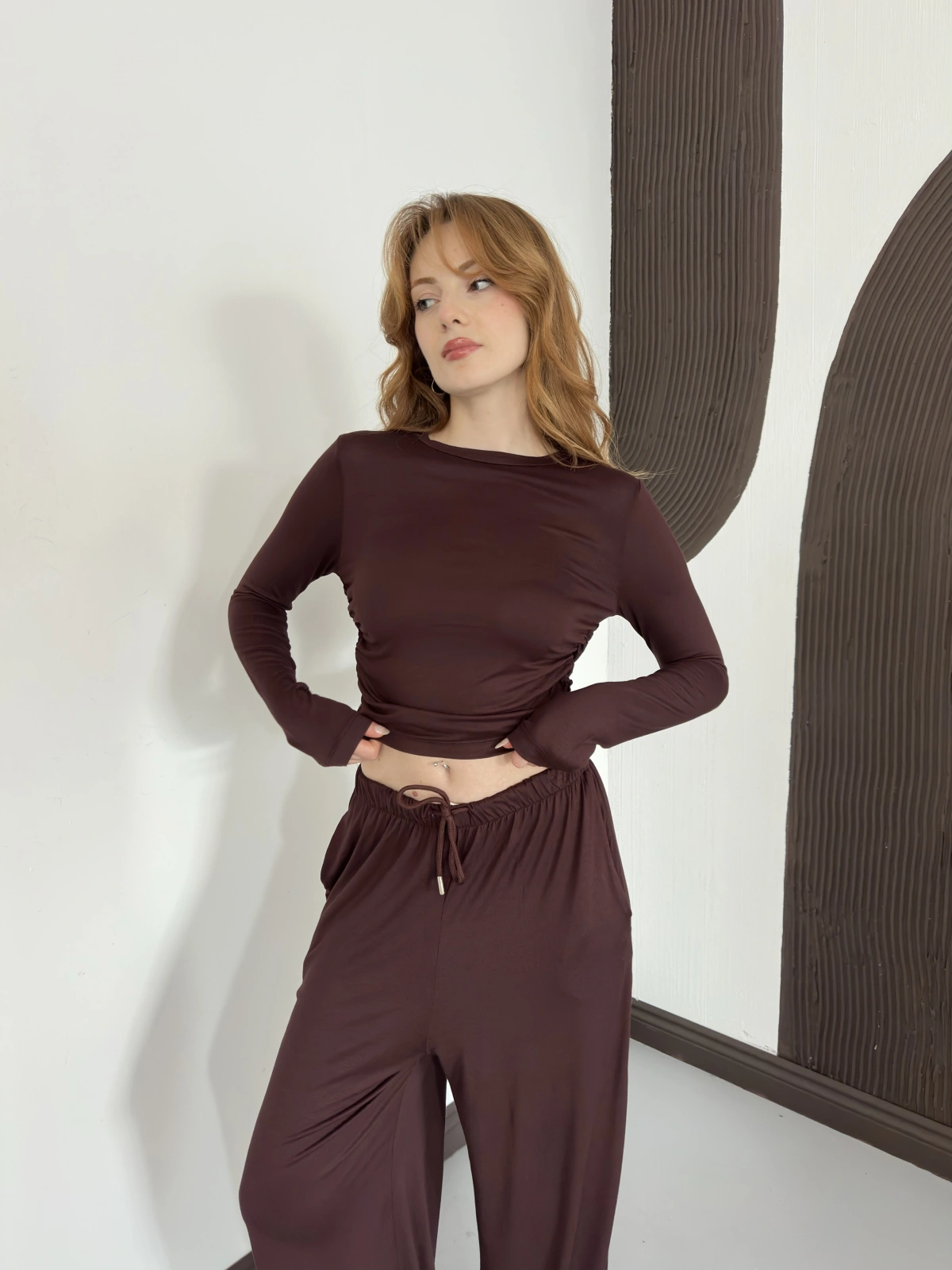 Bel Drape Detay Bluz-Pantolon Rahat Kesim Takım Kahve