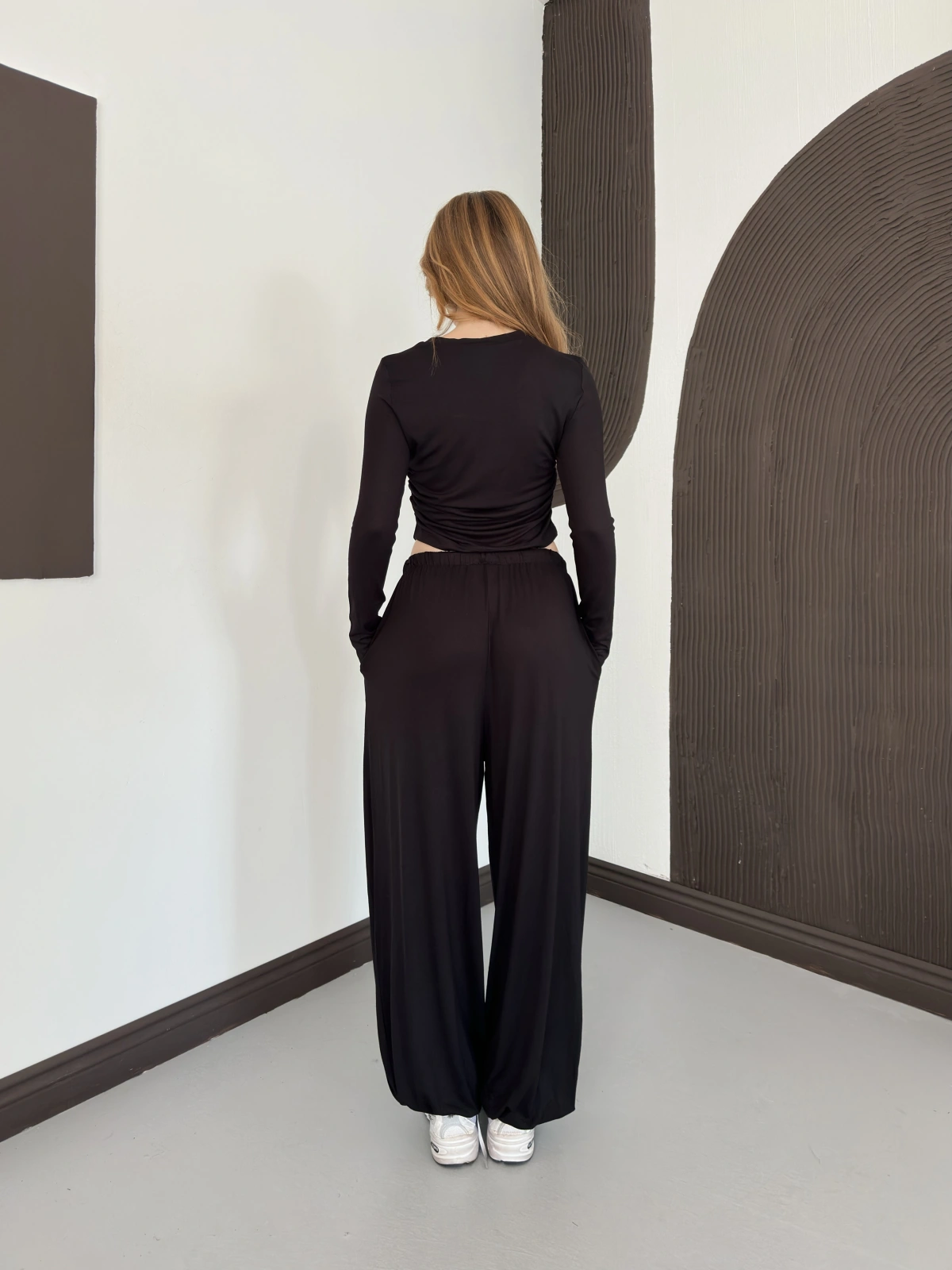 Bel Drape Detay Bluz-Pantolon Rahat Kesim Takım Siyah