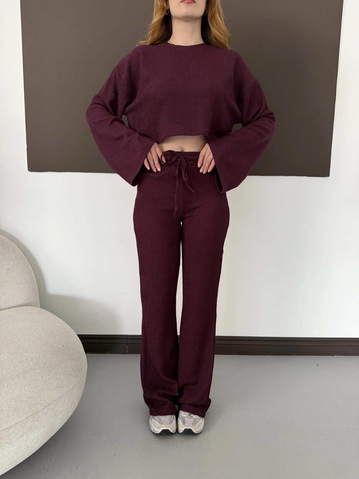 Bisiklet Yaka Piliseli Crop-Pantolon Takım Bordo
