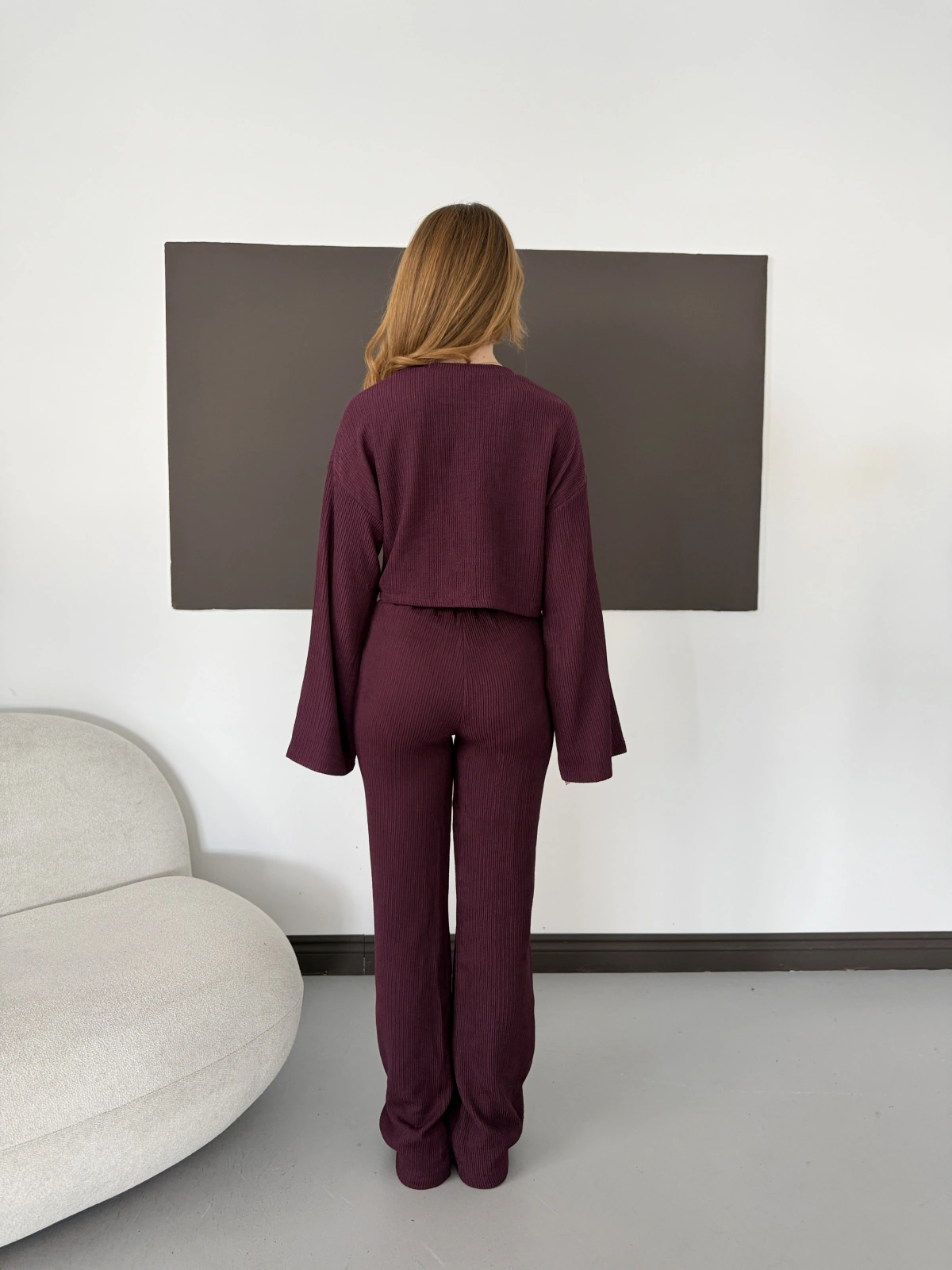 Bisiklet Yaka Piliseli Crop-Pantolon Takım Bordo