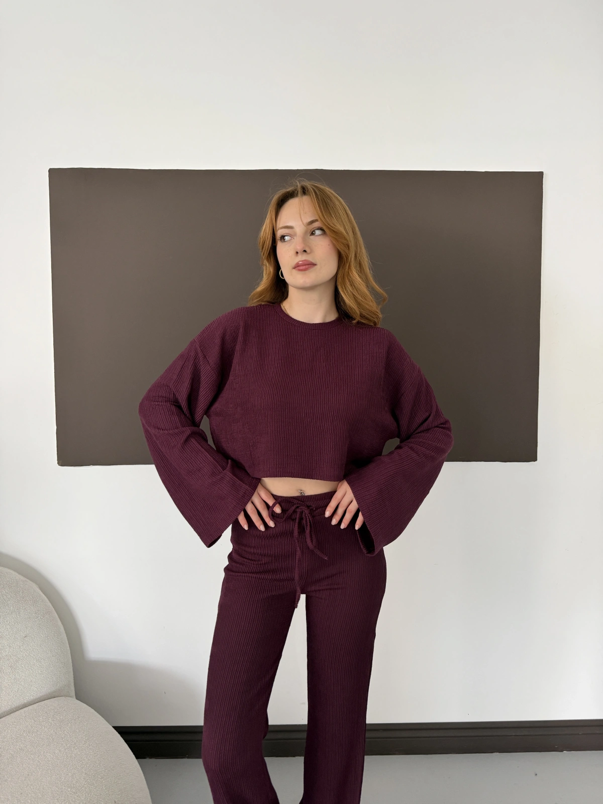 Bisiklet Yaka Piliseli Crop-Pantolon Takım Bordo