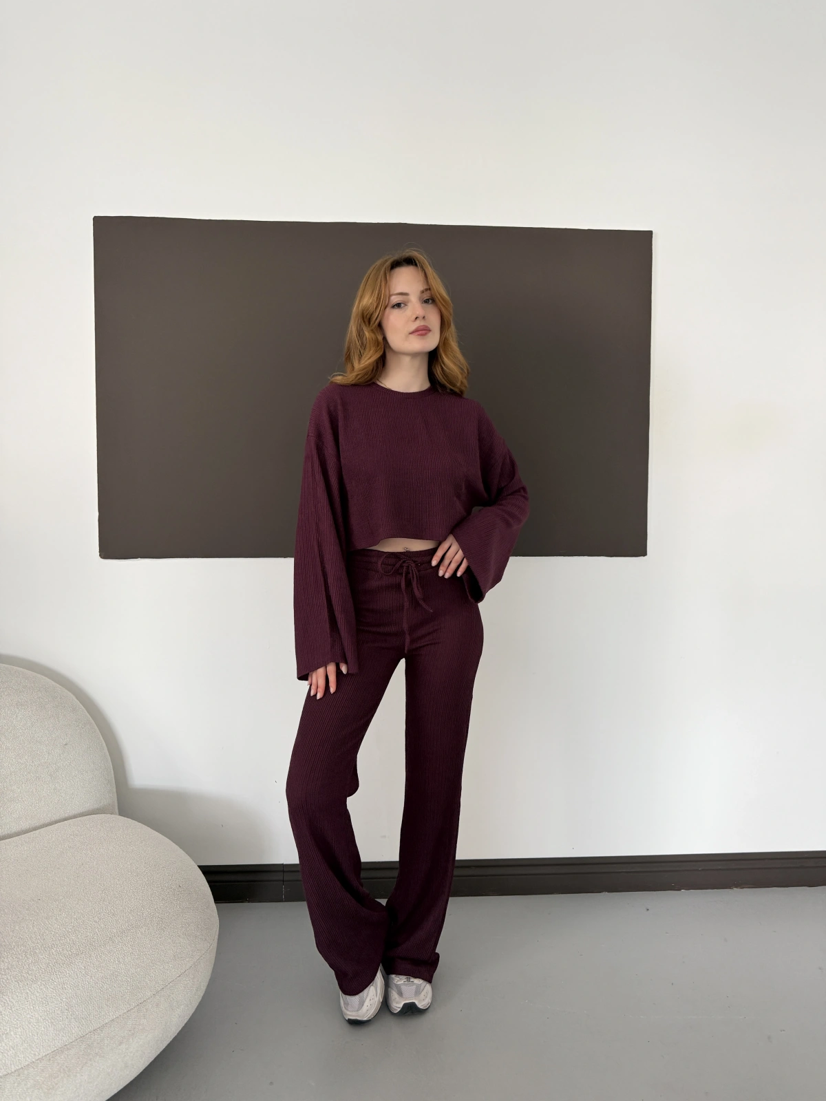 Bisiklet Yaka Piliseli Crop-Pantolon Takım Bordo