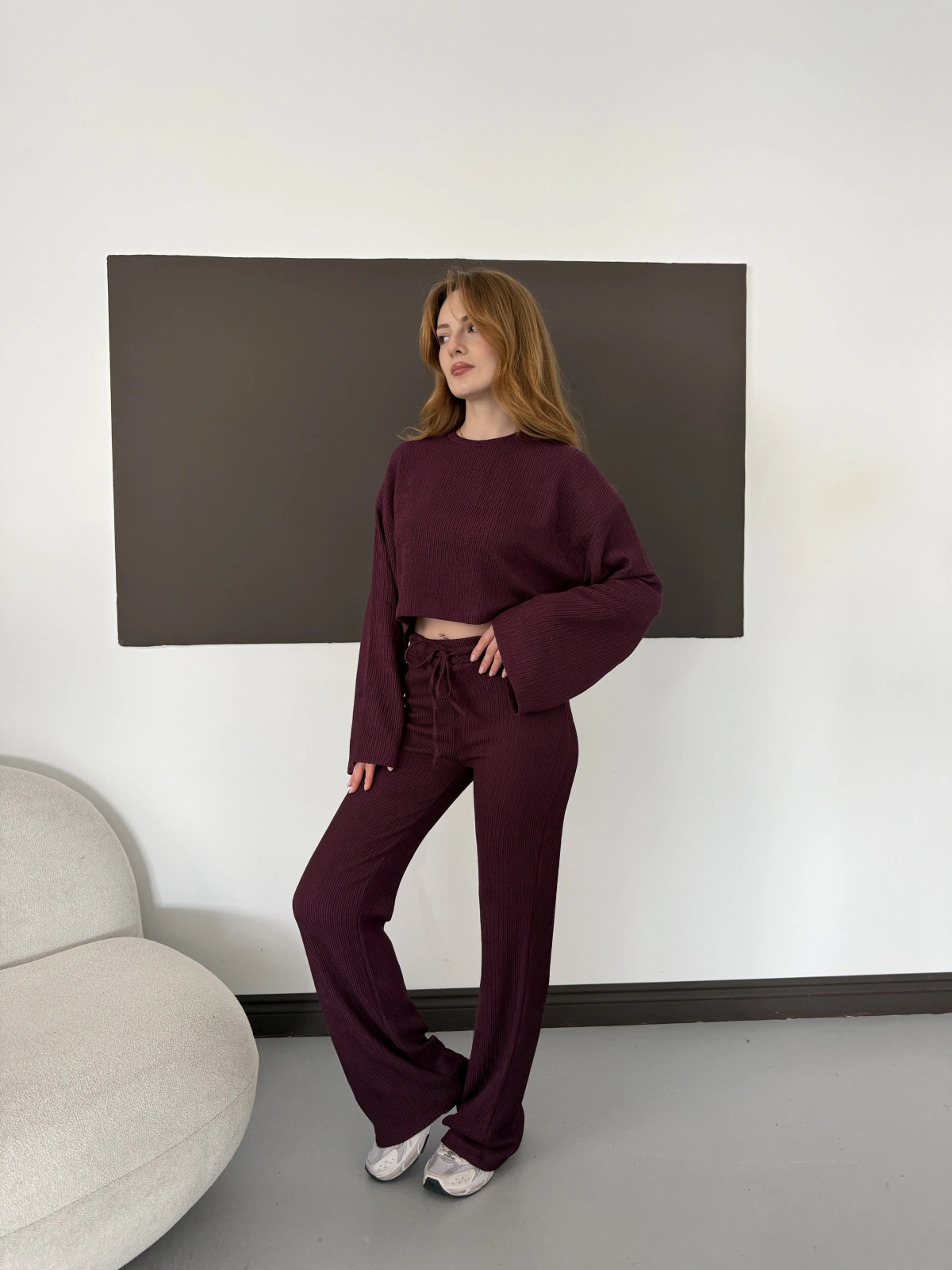 Bisiklet Yaka Piliseli Crop-Pantolon Takım Bordo