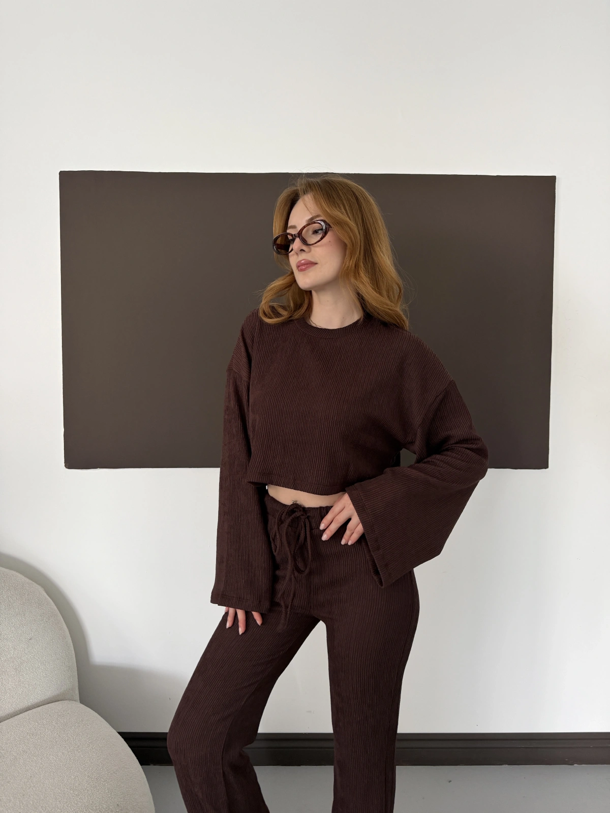 Bisiklet Yaka Piliseli Crop-Pantolon Takım Kahve
