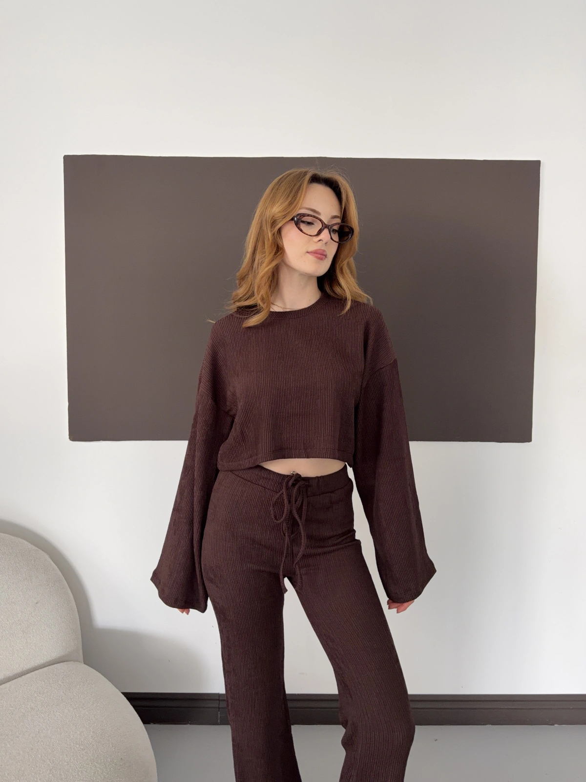 Bisiklet Yaka Piliseli Crop-Pantolon Takım Kahve