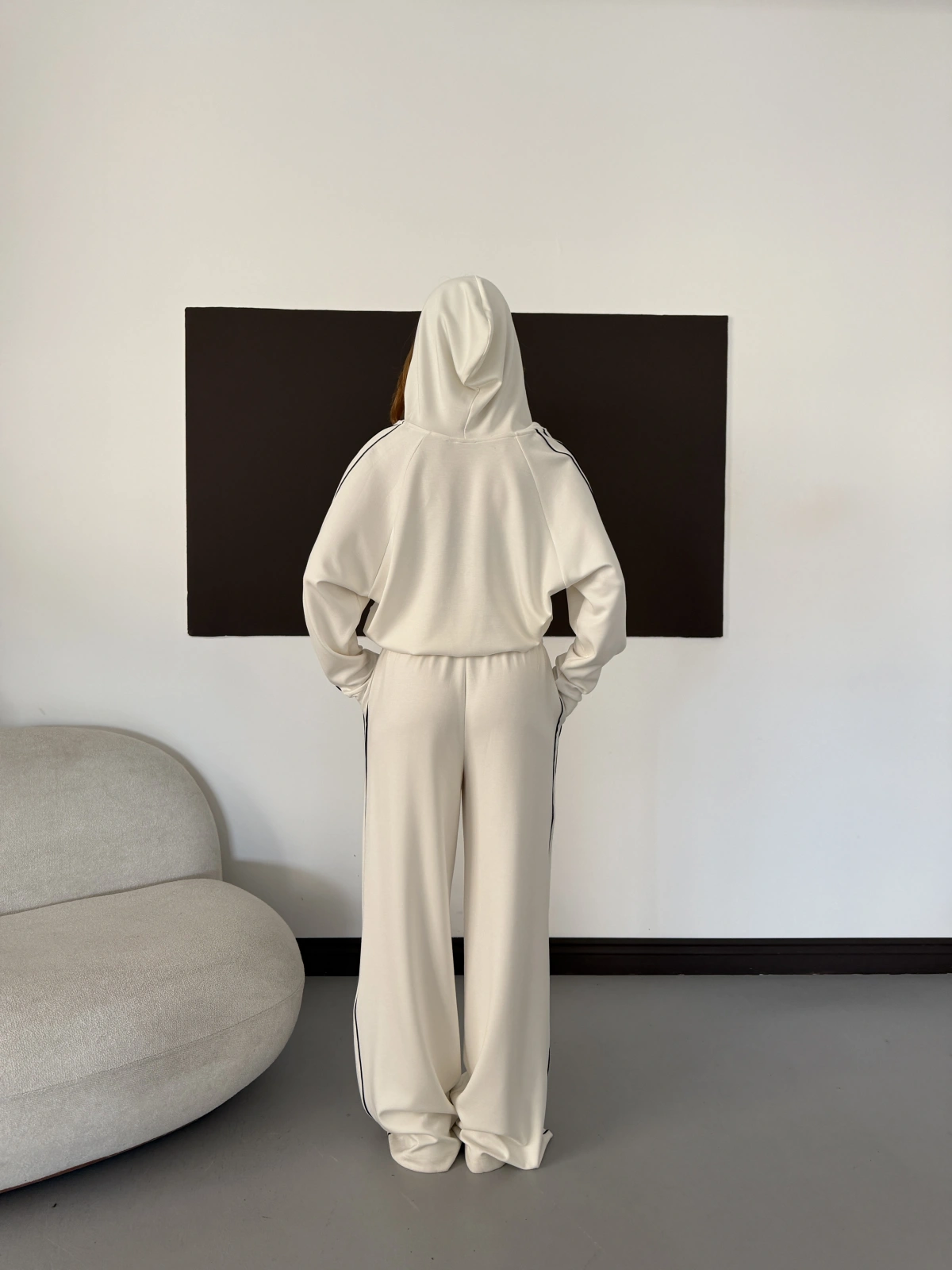 Biye Detaylı Kapüşonlu Oversize Takım Ekru