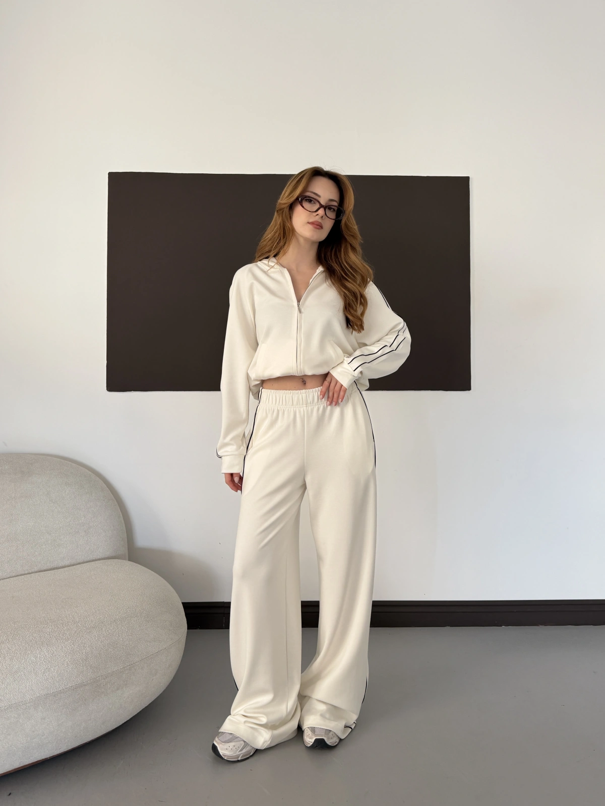 Biye Detaylı Kapüşonlu Oversize Takım Ekru