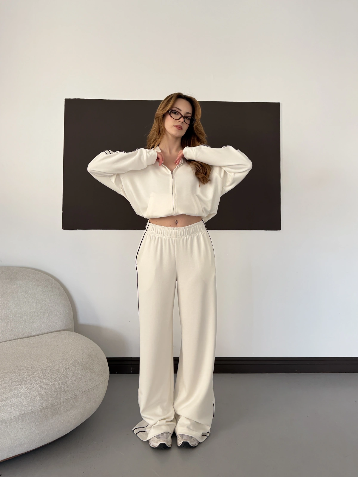 Biye Detaylı Kapüşonlu Oversize Takım Ekru